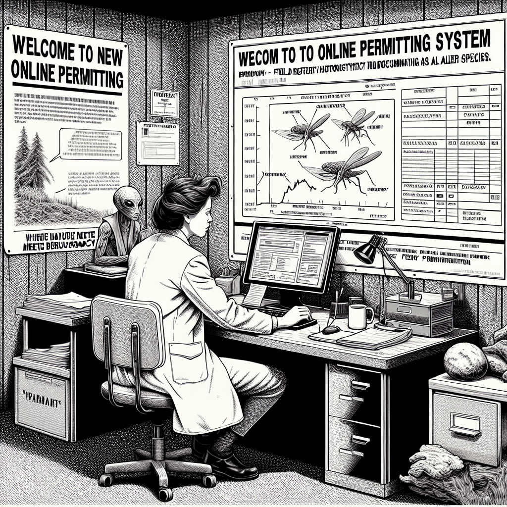 Human engages in digital submission ritual to secure environmental approval; process celebrated as modern advancement.